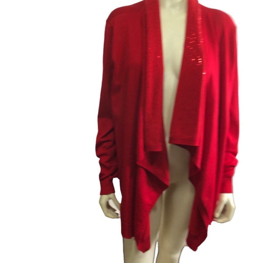 DKNY WOMEN OPEN RED HOLIDAY DRAPE CARDIGAN SIZE MD/LG